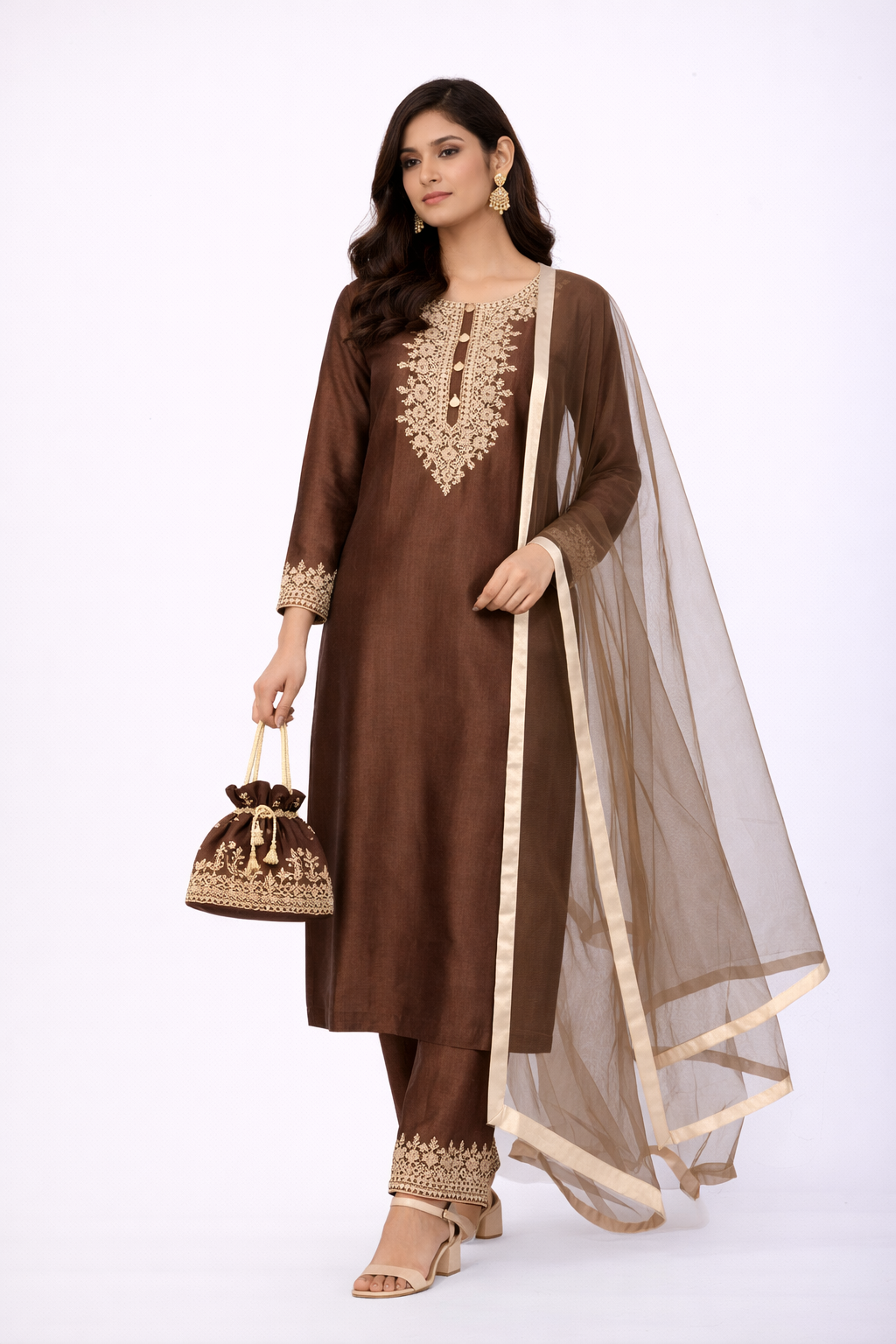 Coffee Brown Katan Silk Kurta Set with Pant & Net Dupatta