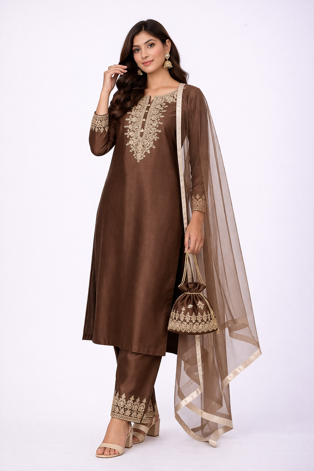 Coffee Brown Katan Silk Kurta Set with Pant & Net Dupatta