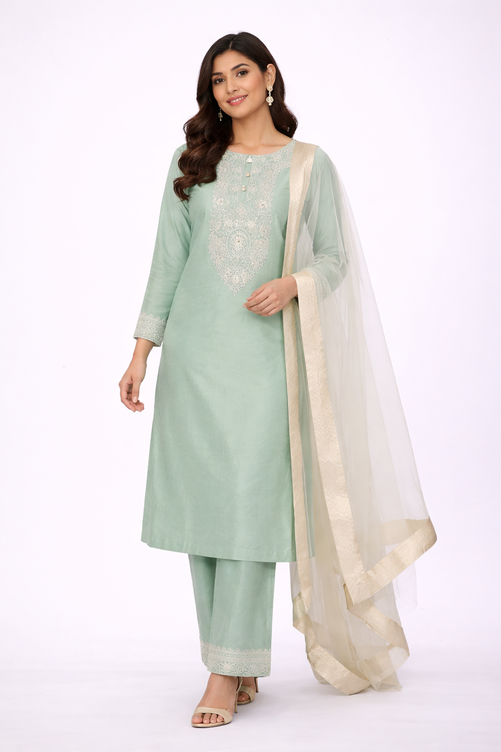 Mint Green Katan Silk Kurti Set with Dori & Hand Work and Net Dupatta