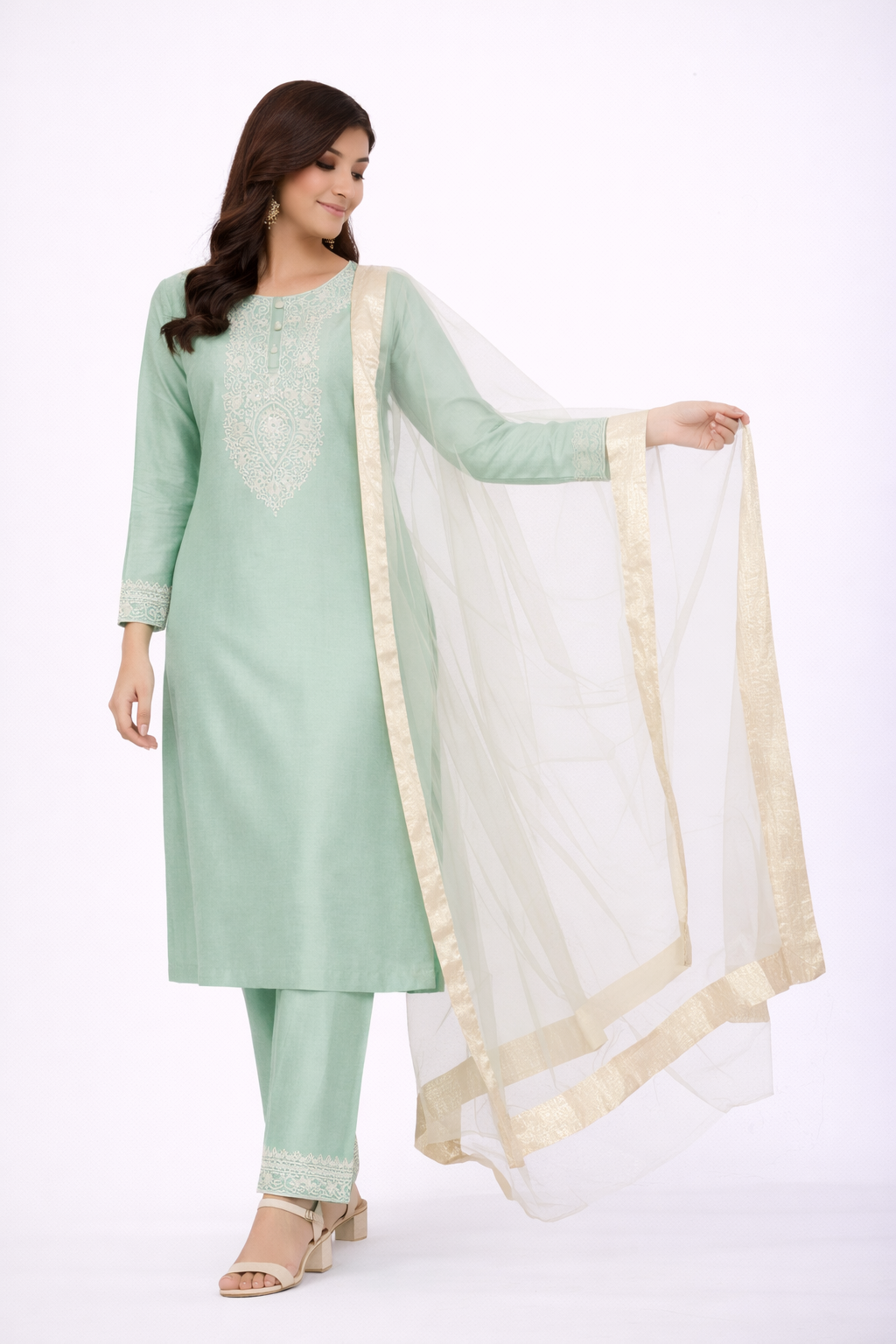 Mint Green Katan Silk Kurti Set with Dori & Hand Work and Net Dupatta