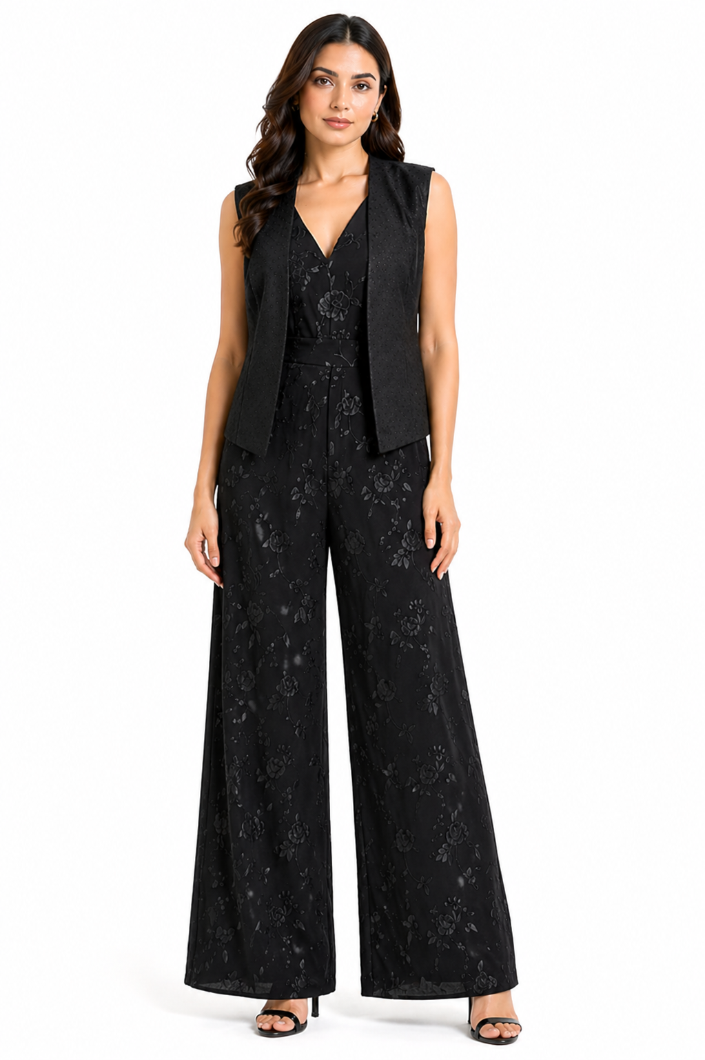 Black Co-ord Set with V-Neck Jumpsuit & Katan Jacket