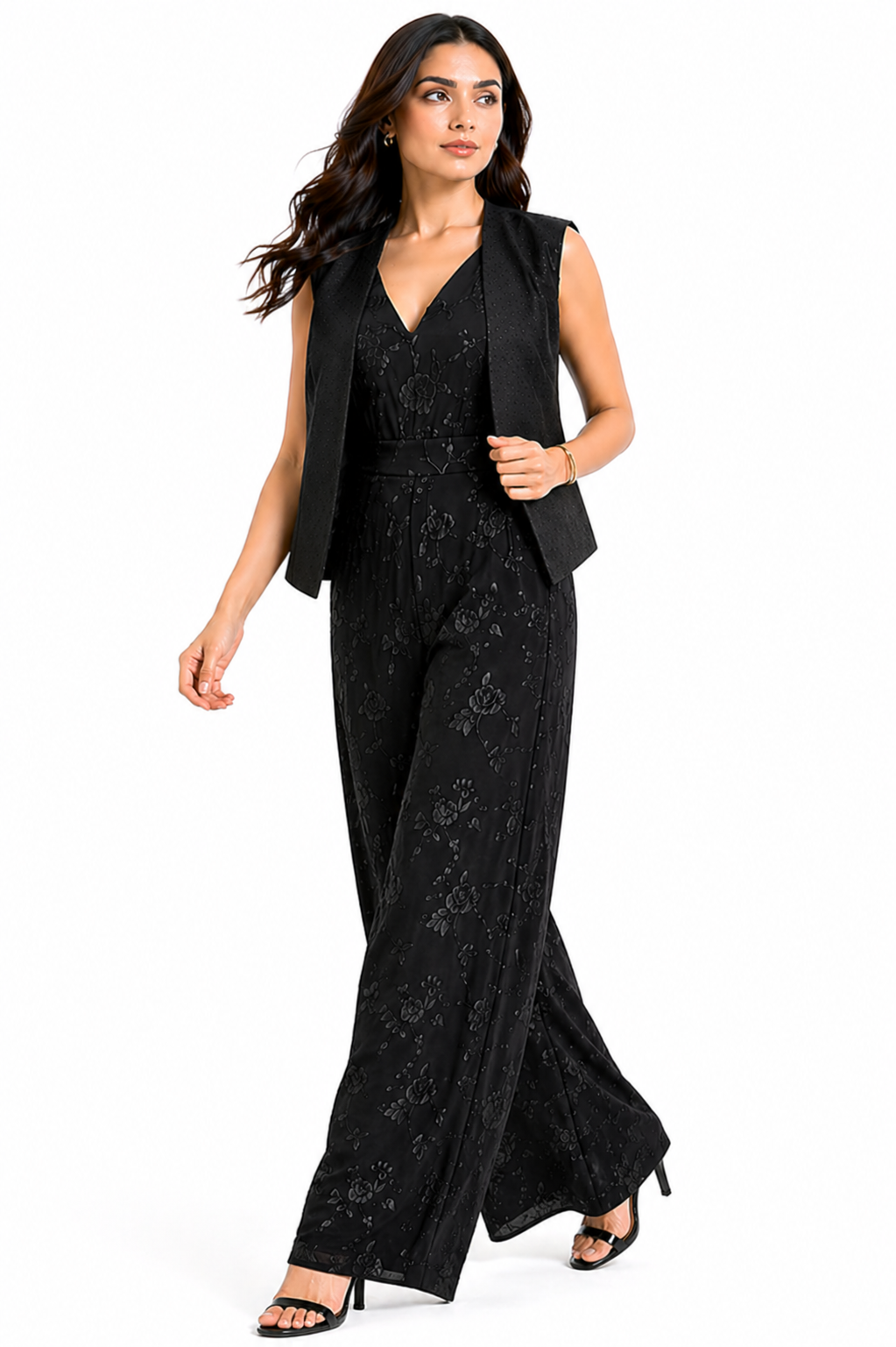 Black Co-ord Set with V-Neck Jumpsuit & Katan Jacket