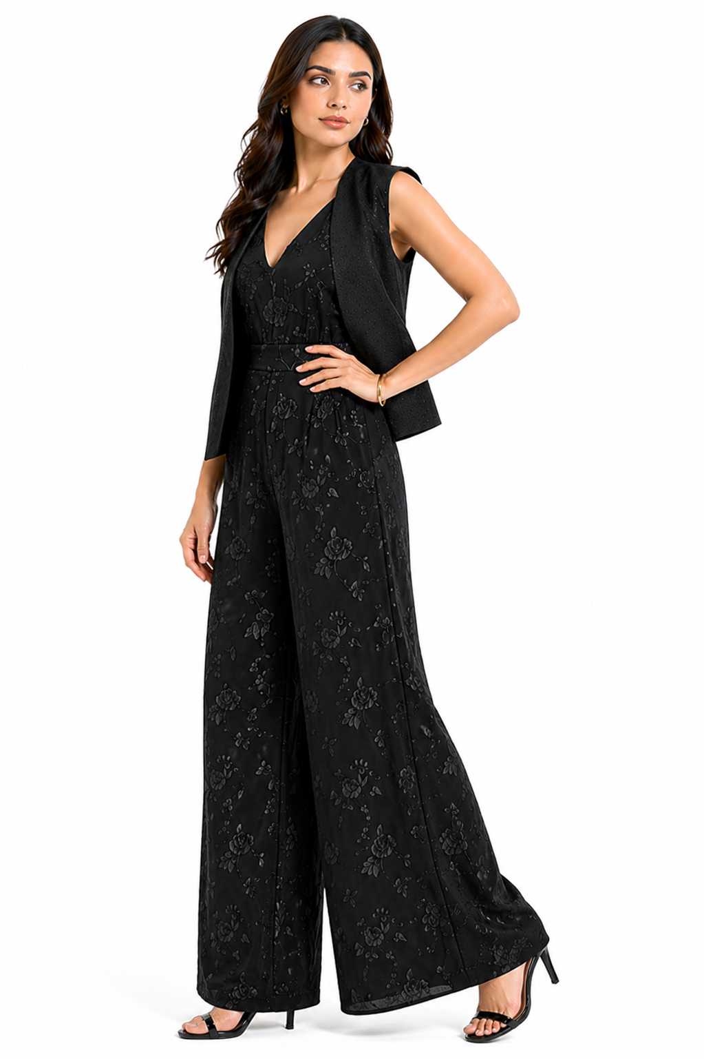 Black Co-ord Set with V-Neck Jumpsuit & Katan Jacket