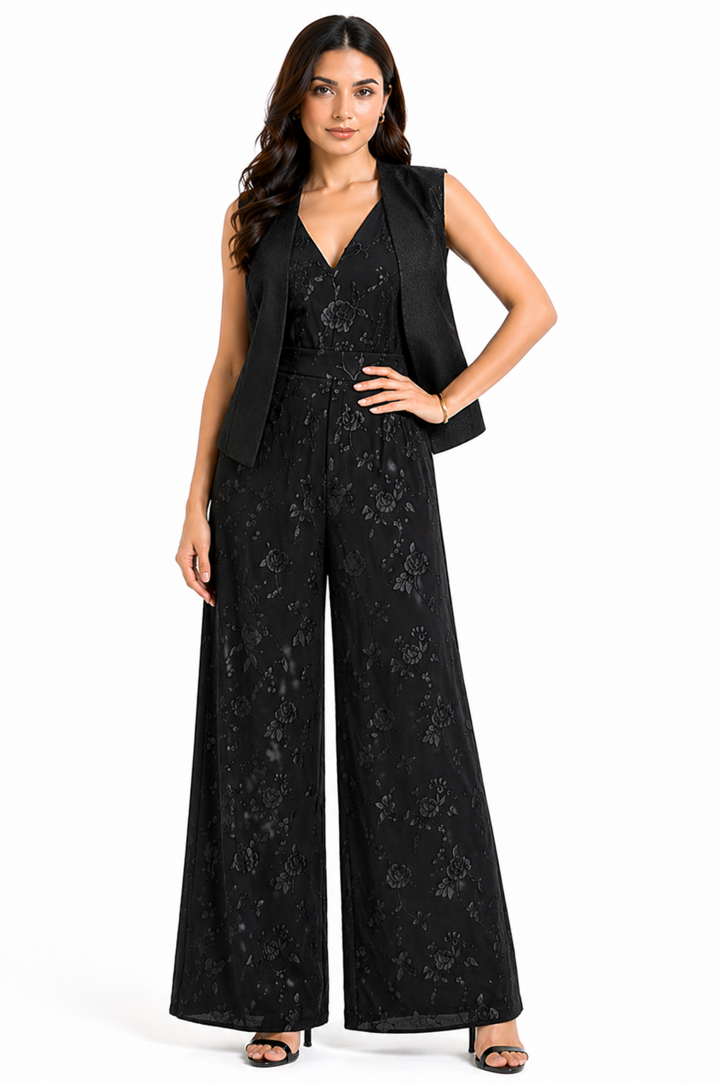 Black Co-ord Set with V-Neck Jumpsuit & Katan Jacket