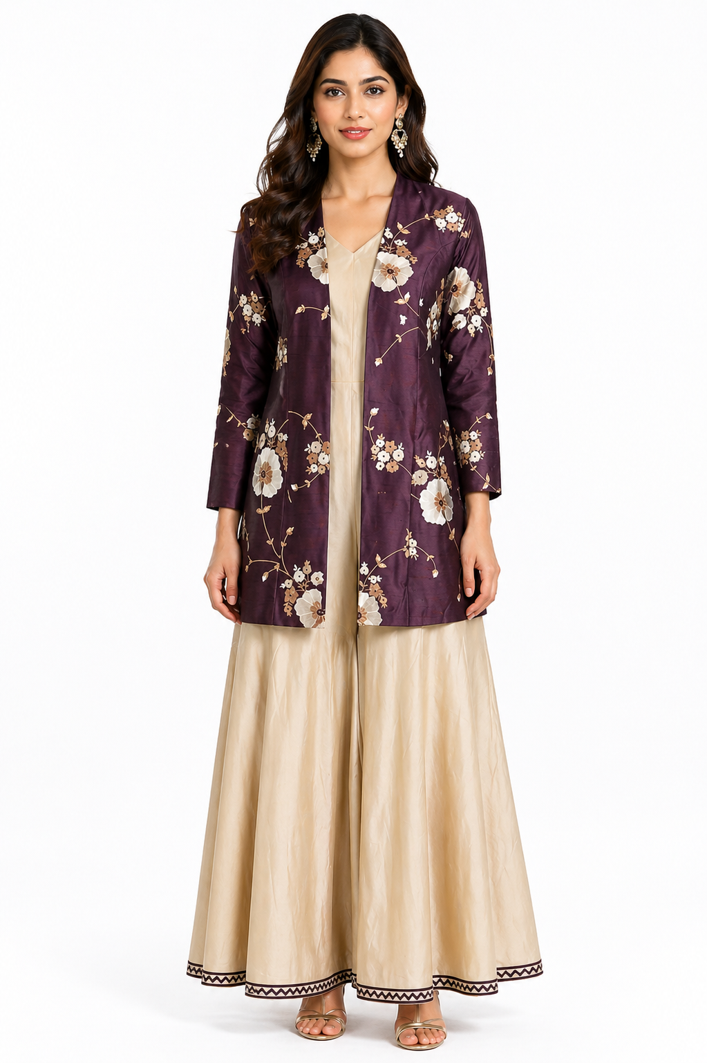 Burgundy Raw Silk Jacket Co-ord Set with Beige Katan Jumpsuit