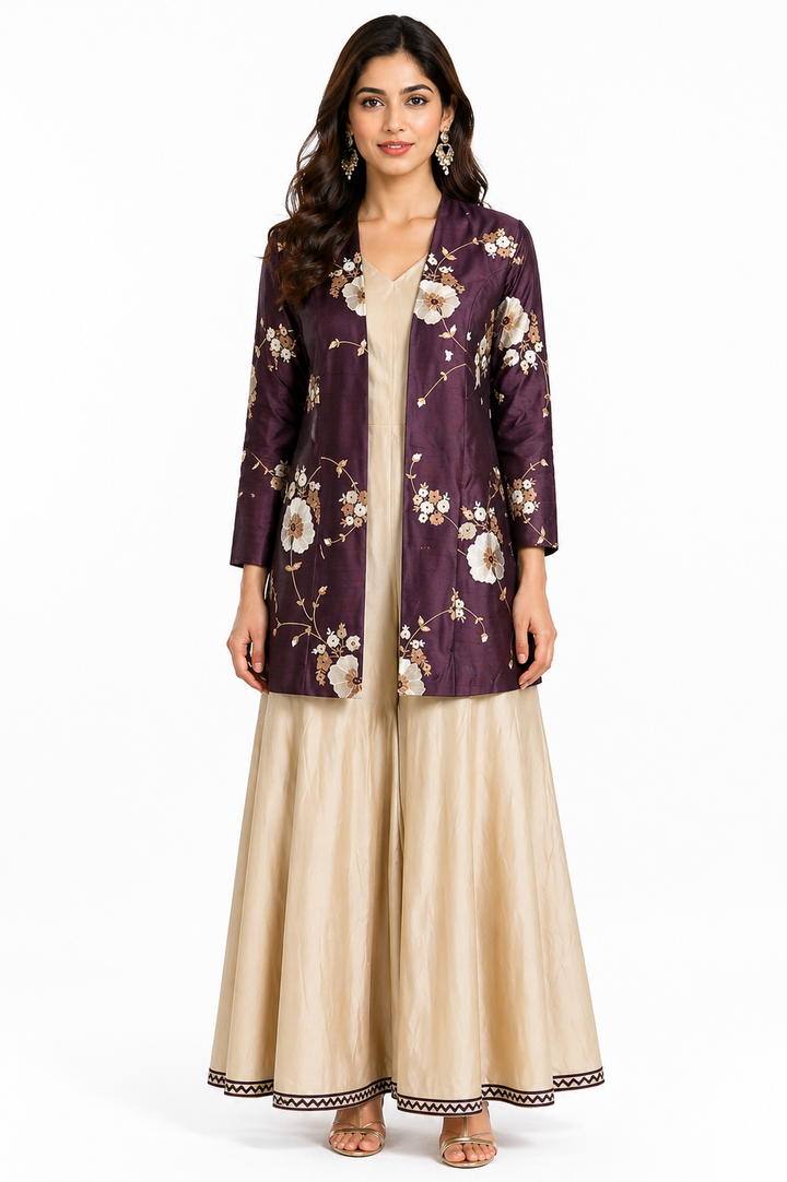 Burgundy Raw Silk Jacket Co-ord Set with Beige Katan Jumpsuit