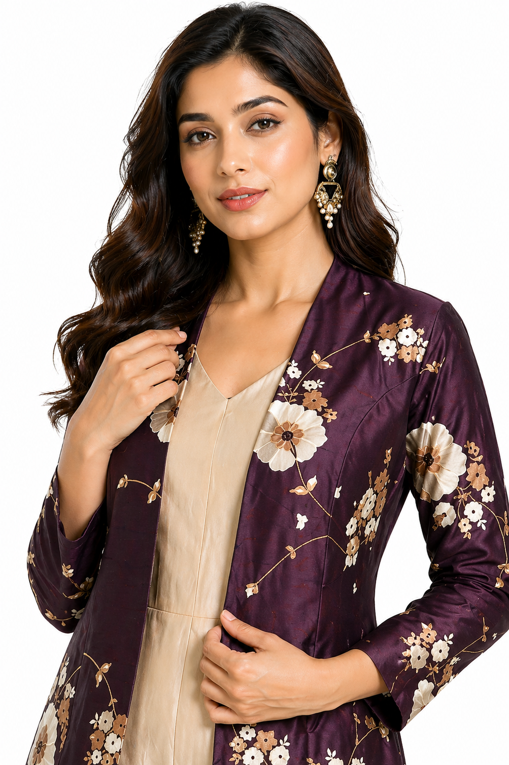 Burgundy Raw Silk Jacket Co-ord Set with Beige Katan Jumpsuit