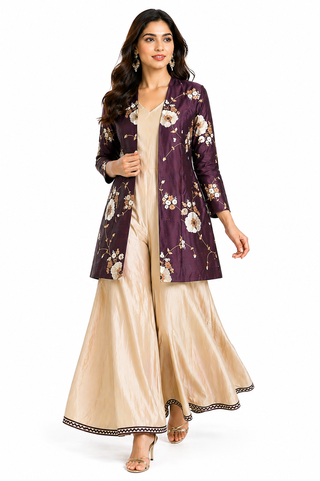 Burgundy Raw Silk Jacket Co-ord Set with Beige Katan Jumpsuit