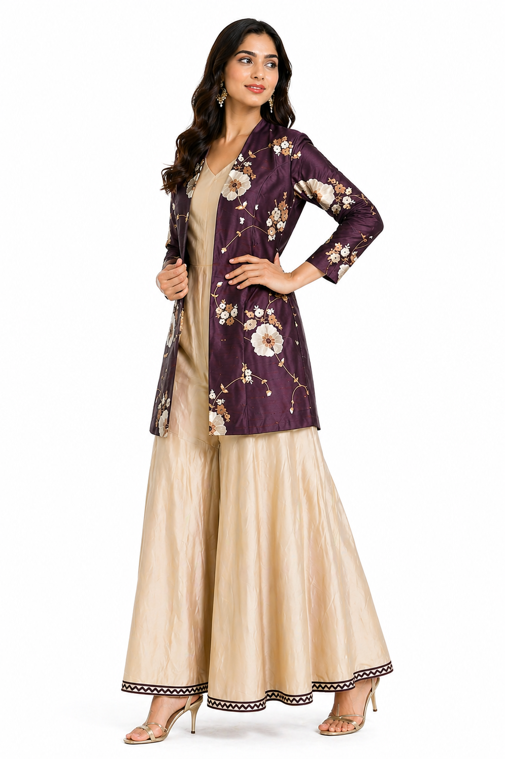 Burgundy Raw Silk Jacket Co-ord Set with Beige Katan Jumpsuit