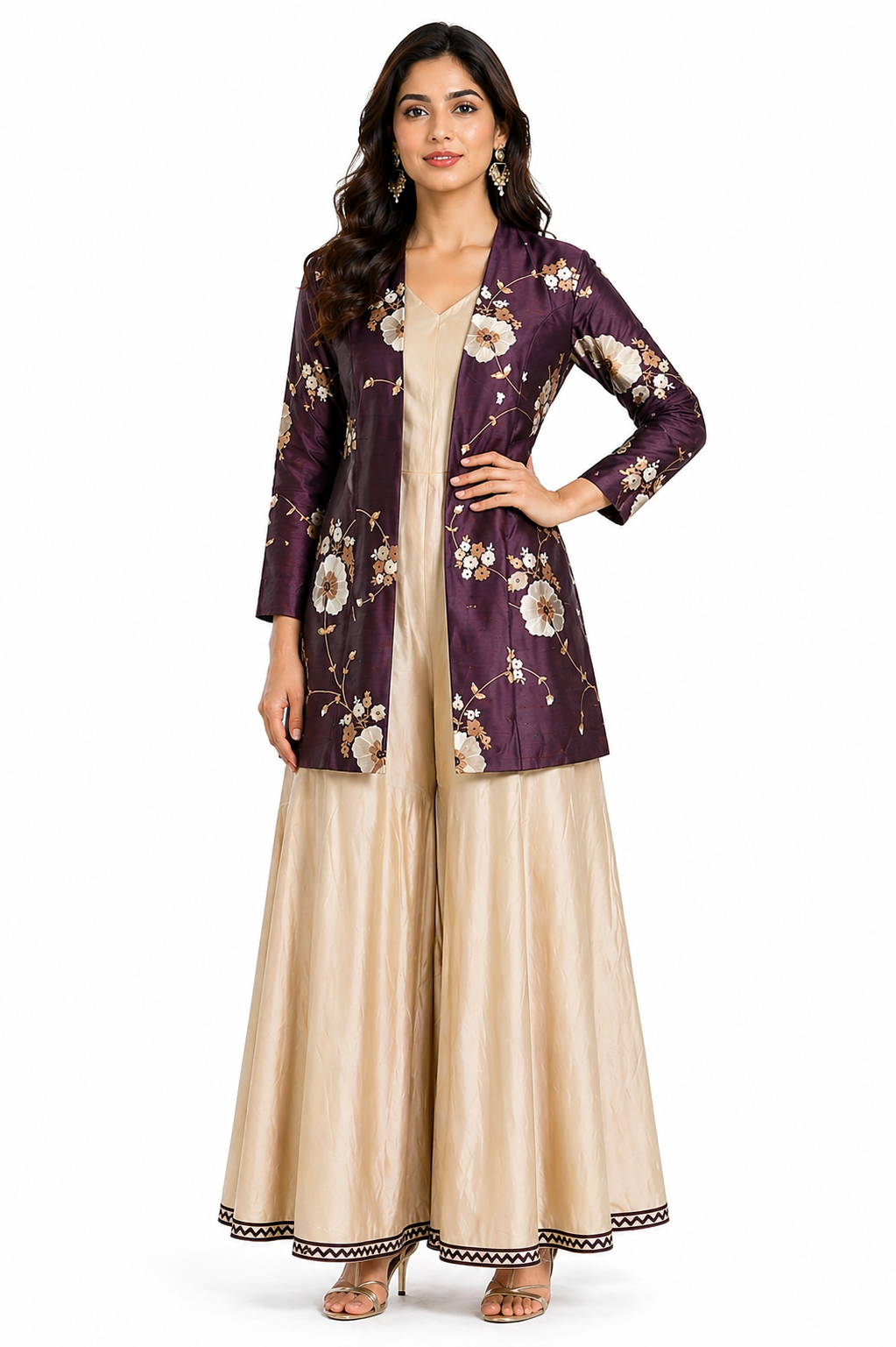 Burgundy Raw Silk Jacket Co-ord Set with Beige Katan Jumpsuit