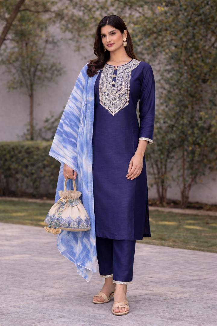 Navy Blue Katan Silk Kurti Set with Dori Work and Tie-Dye Chanderi Dupatta
