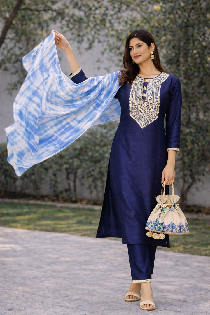 Navy Blue Katan Silk Kurti Set with Dori Work and Tie-Dye Chanderi Dupatta