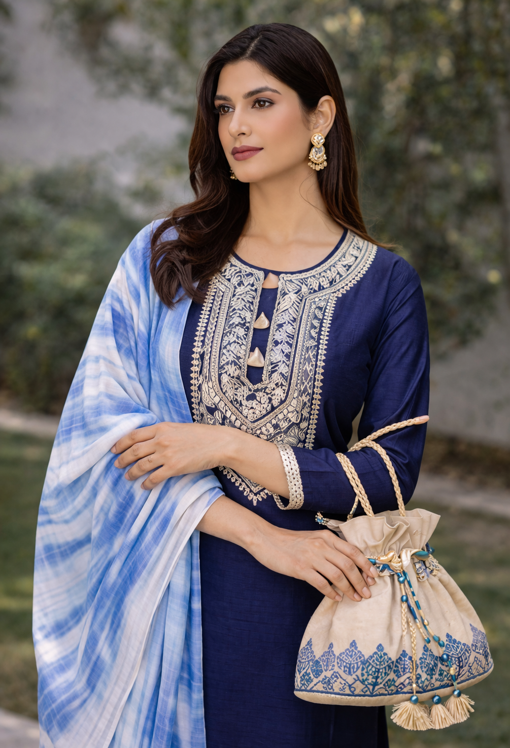 Navy Blue Katan Silk Kurti Set with Dori Work and Tie-Dye Chanderi Dupatta