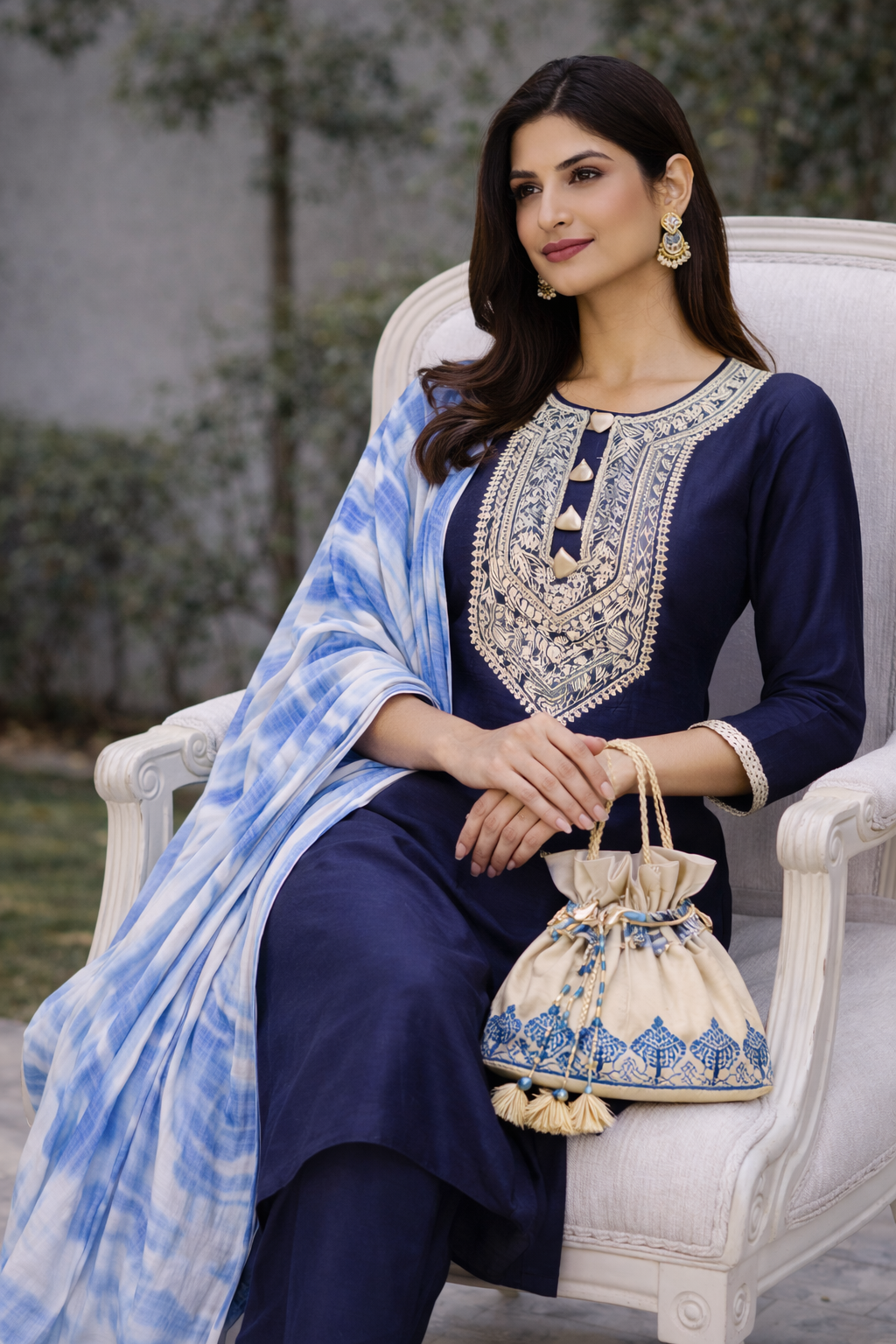 Navy Blue Katan Silk Kurti Set with Dori Work and Tie-Dye Chanderi Dupatta
