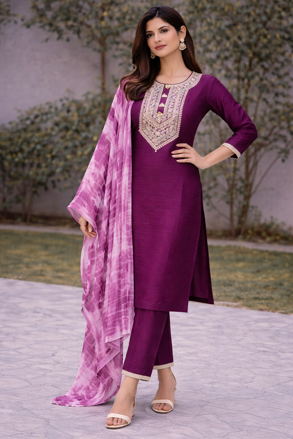 Wine Raw Silk Kurti Set with Dori Work and Tie-Dye Dupatta