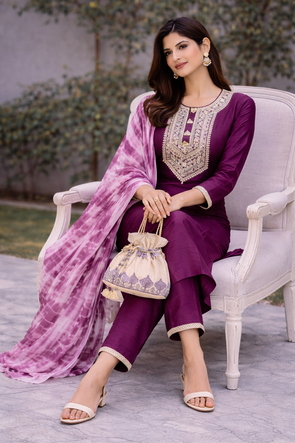 Wine Raw Silk Kurti Set with Dori Work and Tie-Dye Dupatta
