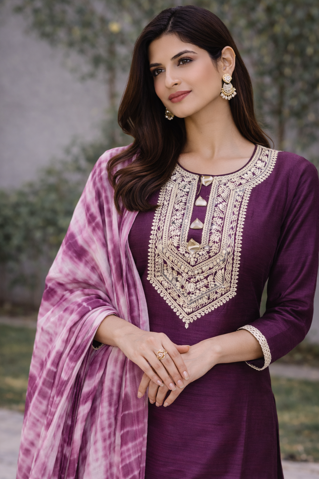 Wine Raw Silk Kurti Set with Dori Work and Tie-Dye Dupatta