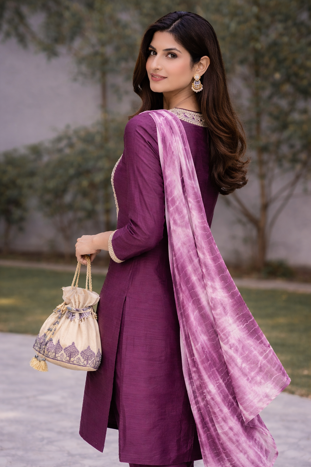 Wine Raw Silk Kurti Set with Dori Work and Tie-Dye Dupatta