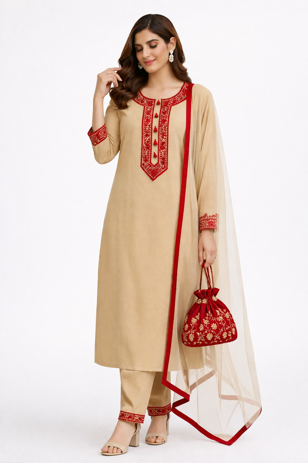 Dark Beige Katan Silk Kurti Set with Dori Work and Net Dupatta