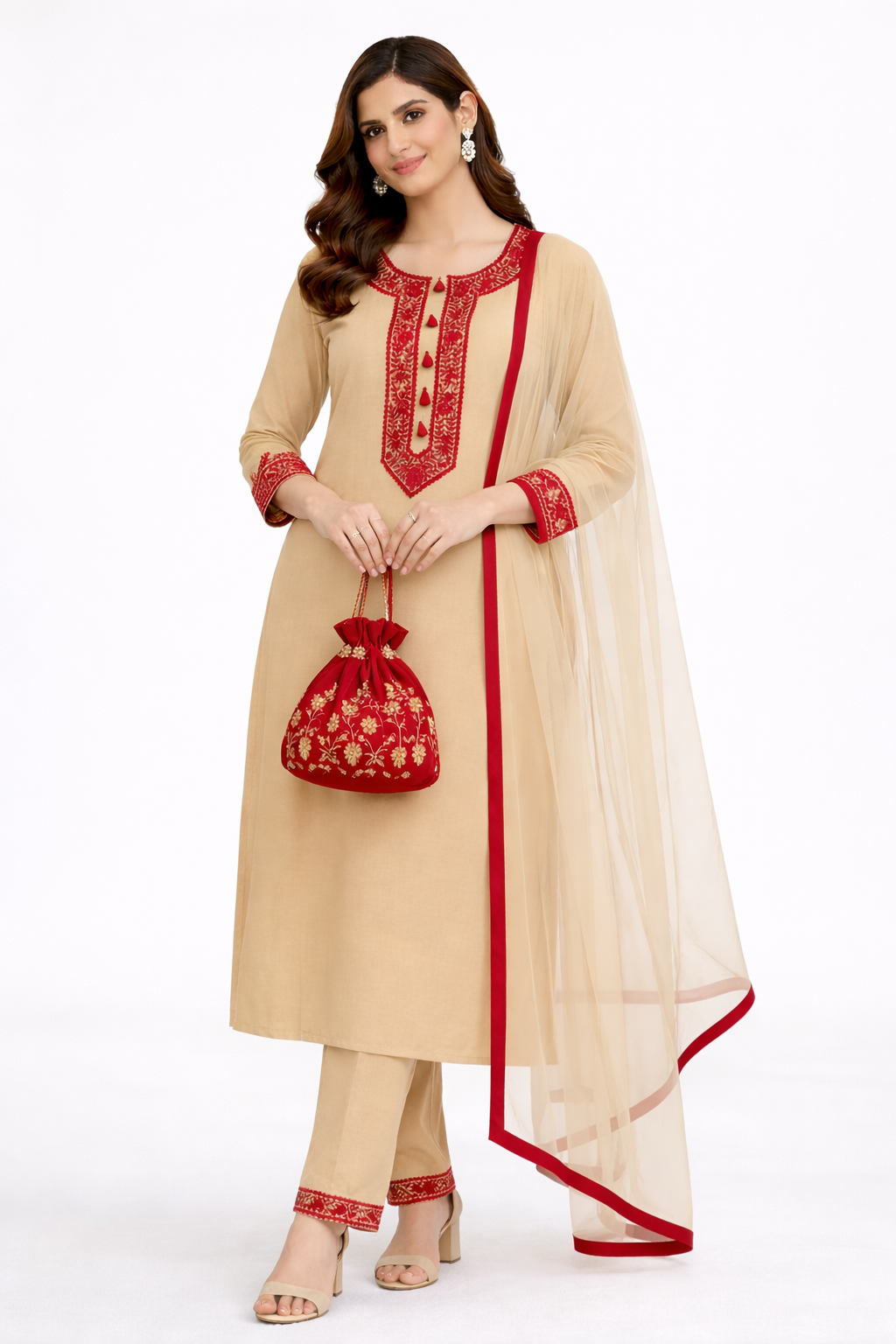 Dark Beige Katan Silk Kurti Set with Dori Work and Net Dupatta