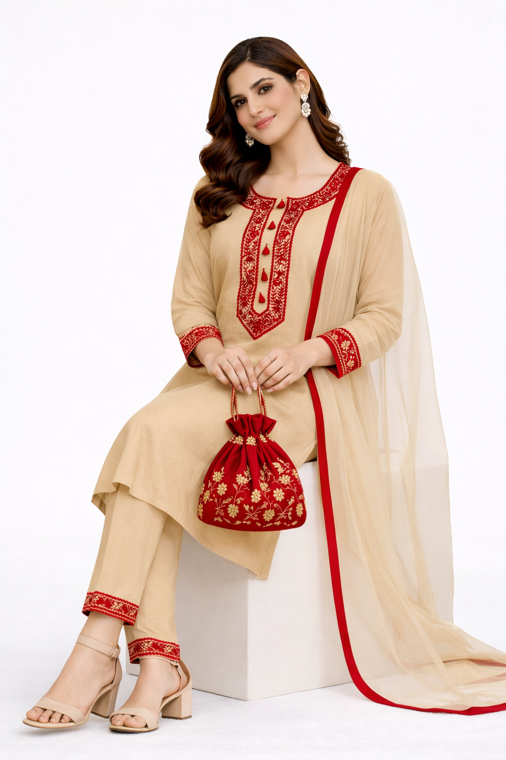 Dark Beige Katan Silk Kurti Set with Dori Work and Net Dupatta