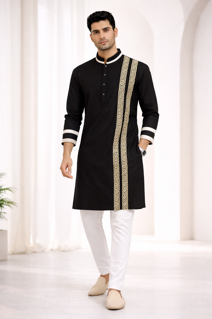 Black Katan Silk Kurta Set with Ribbon Work and Beige Pant