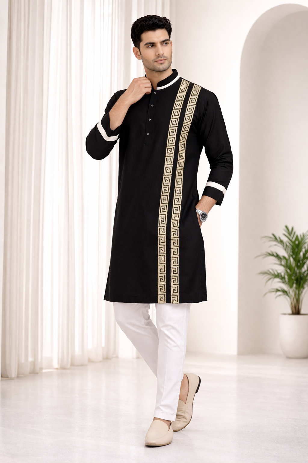 Black Katan Silk Kurta Set with Ribbon Work and Beige Pant