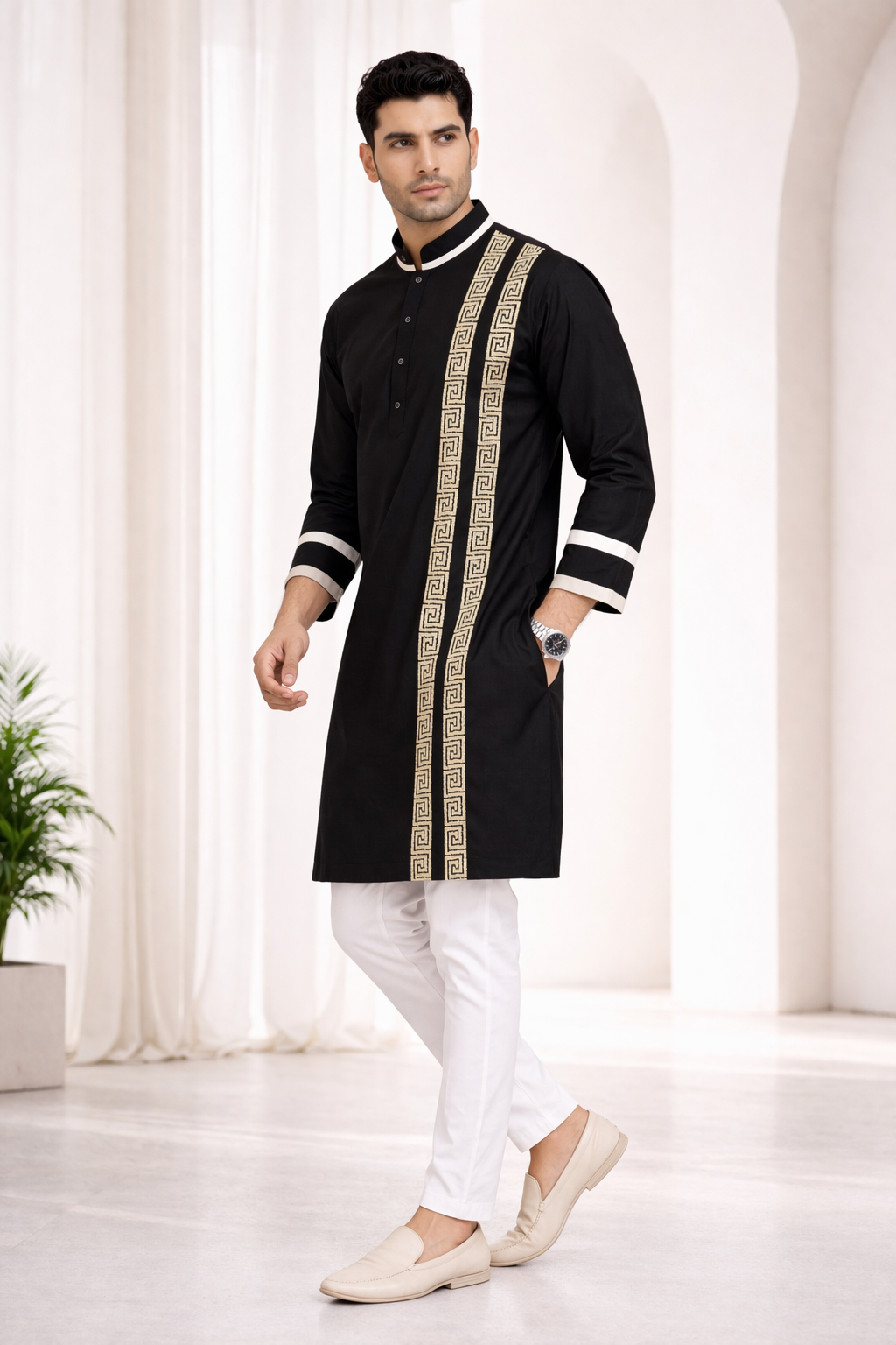 Black Katan Silk Kurta Set with Ribbon Work and Beige Pant