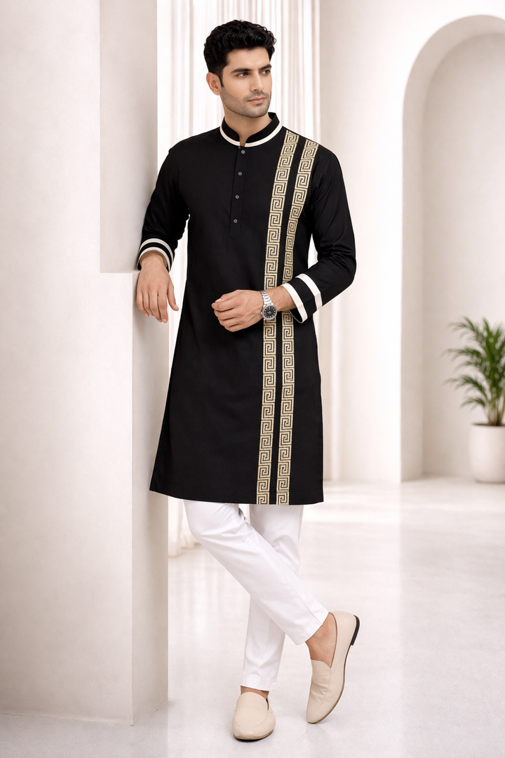 Black Katan Silk Kurta Set with Ribbon Work and Beige Pant