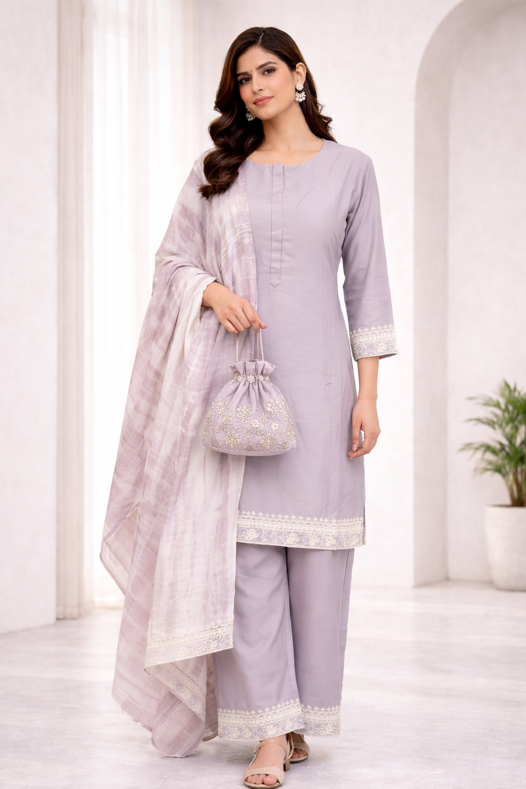 Lavender Katan Silk Kurti Set with Dori, Hand & Tikki Work and Chanderi Dupatta