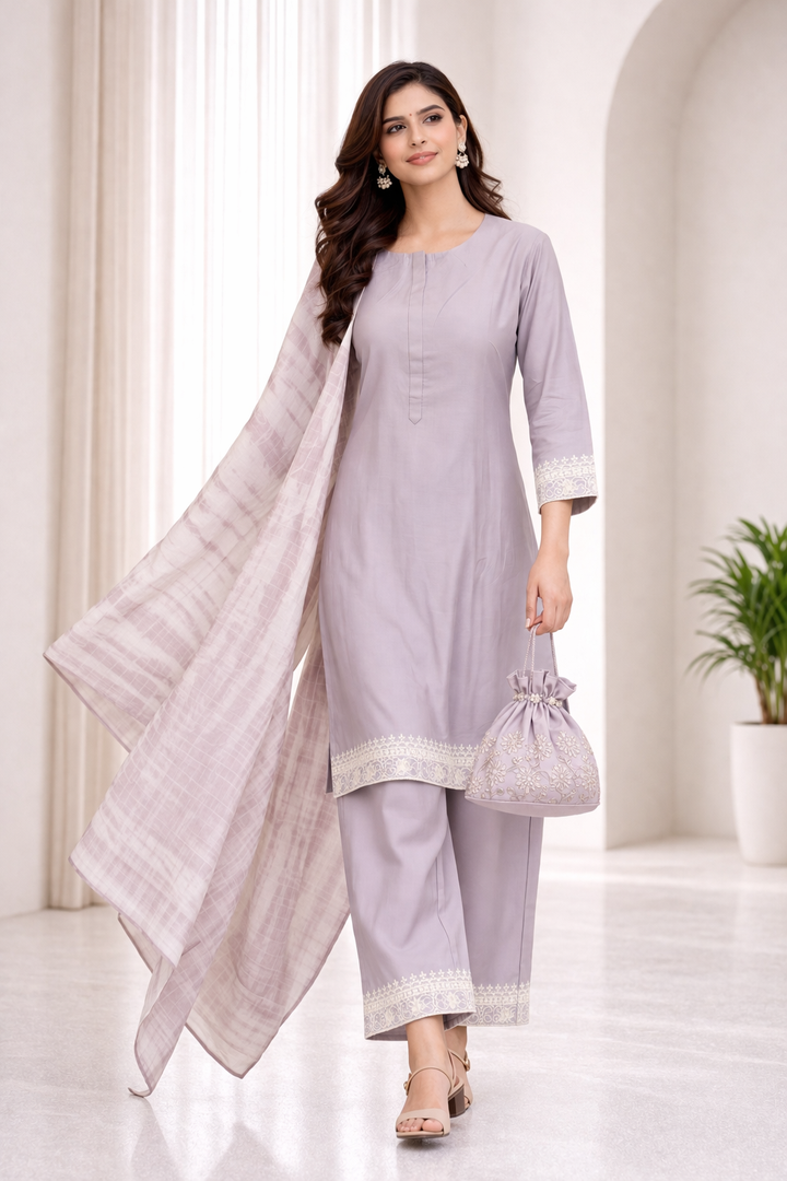 Lavender Katan Silk Kurti Set with Dori, Hand & Tikki Work and Chanderi Dupatta