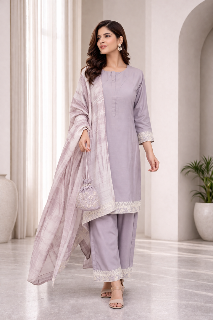Lavender Katan Silk Kurti Set with Dori, Hand & Tikki Work and Chanderi Dupatta
