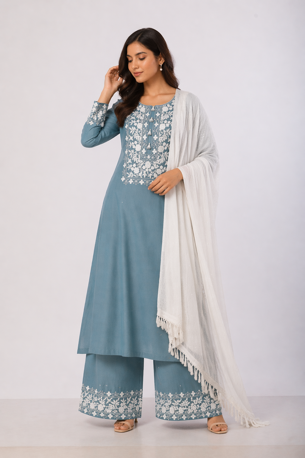 Off White Katan Silk Kurti Set with Pant & Red Chanderi Dupatta