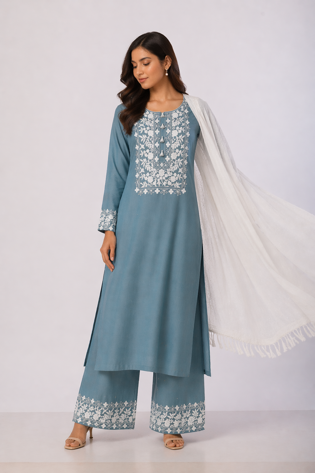 Off White Katan Silk Kurti Set with Pant & Red Chanderi Dupatta