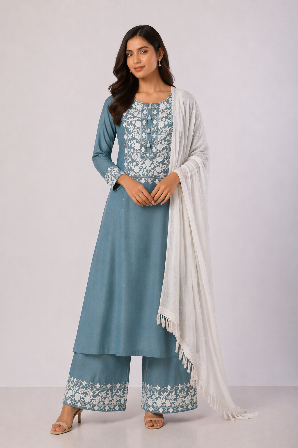 Off White Katan Silk Kurti Set with Pant & Red Chanderi Dupatta