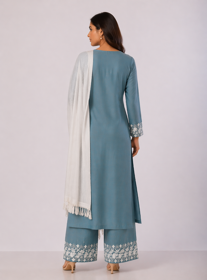 Off White Katan Silk Kurti Set with Pant & Red Chanderi Dupatta