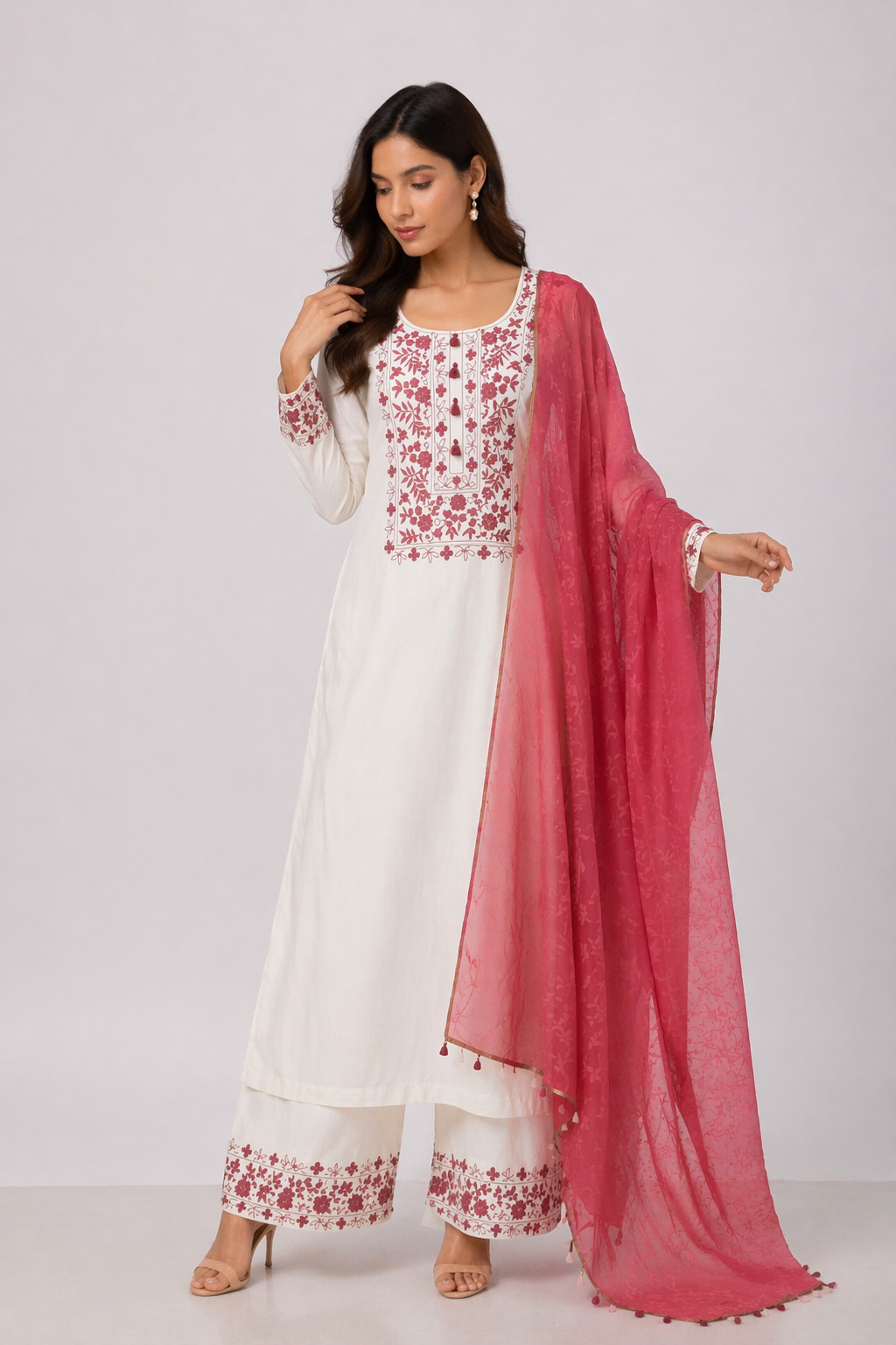 Off White Katan Silk Kurti Set with Pant & Red Chanderi Dupatta