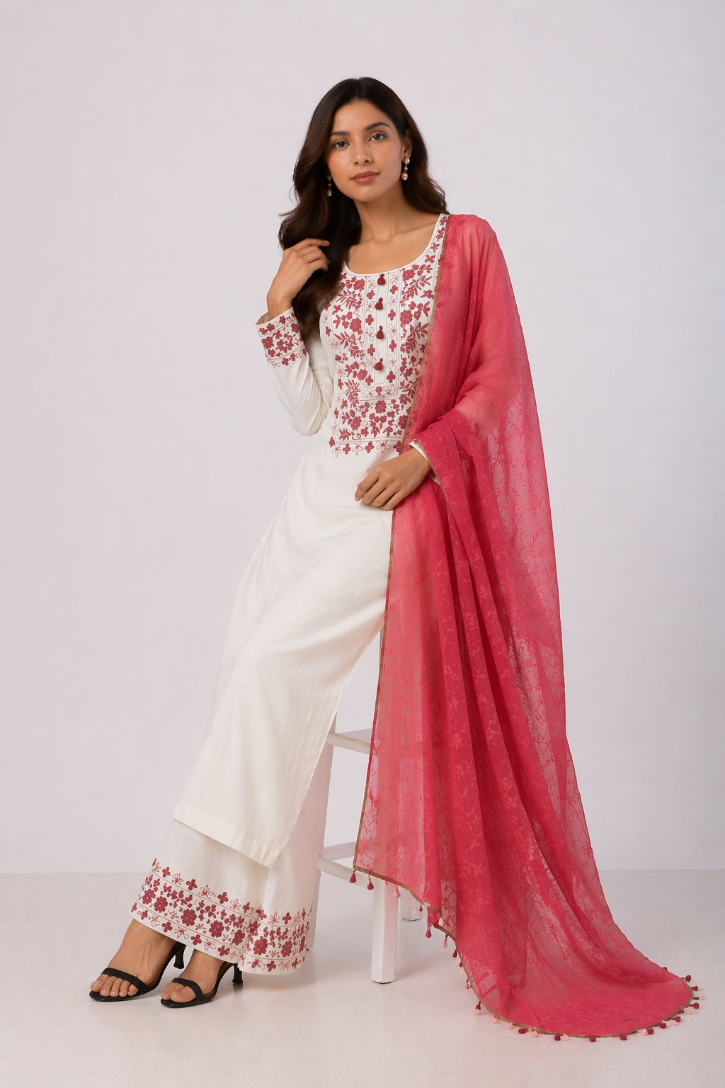 Off White Katan Silk Kurti Set with Pant & Red Chanderi Dupatta