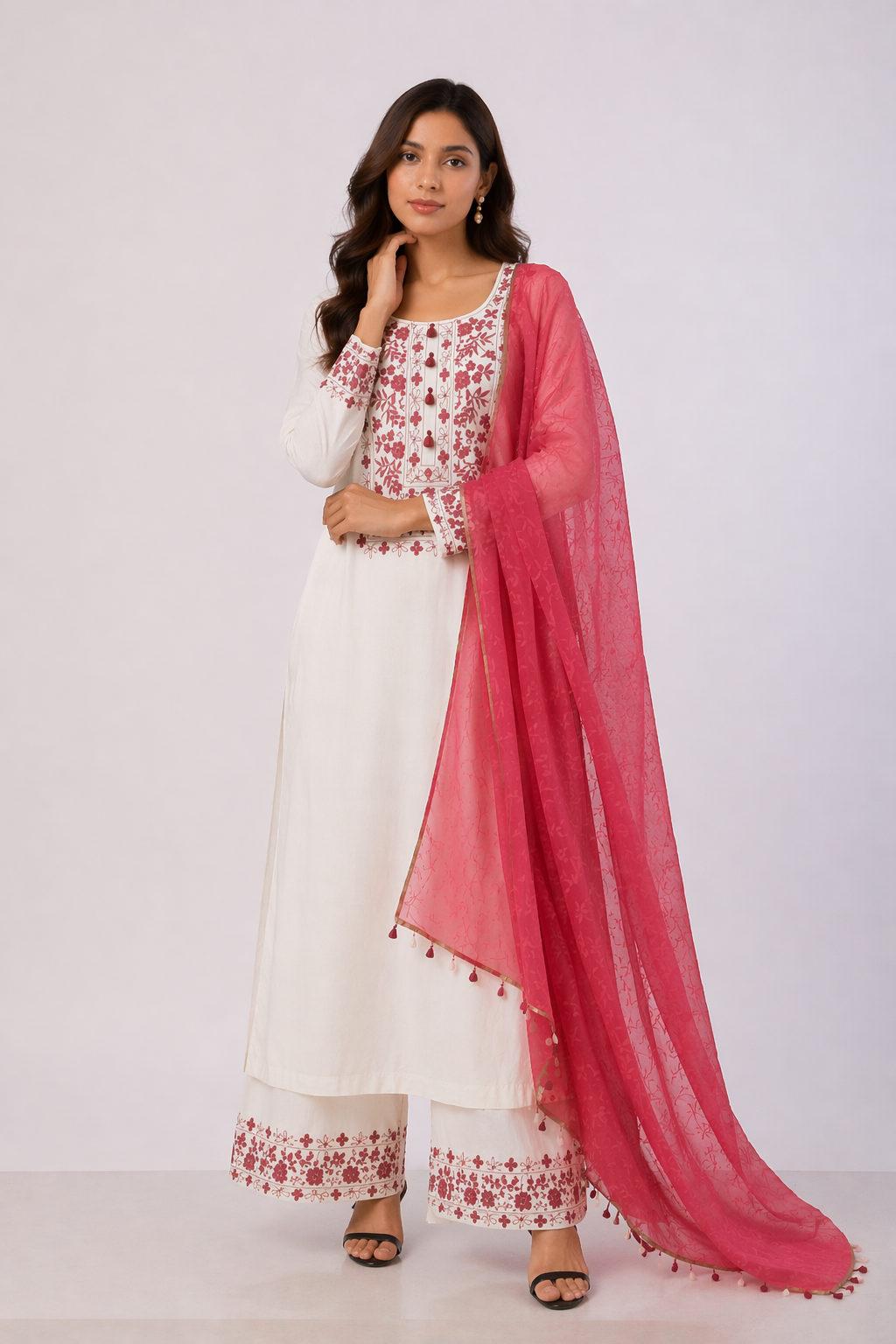 Off White Katan Silk Kurti Set with Pant & Red Chanderi Dupatta