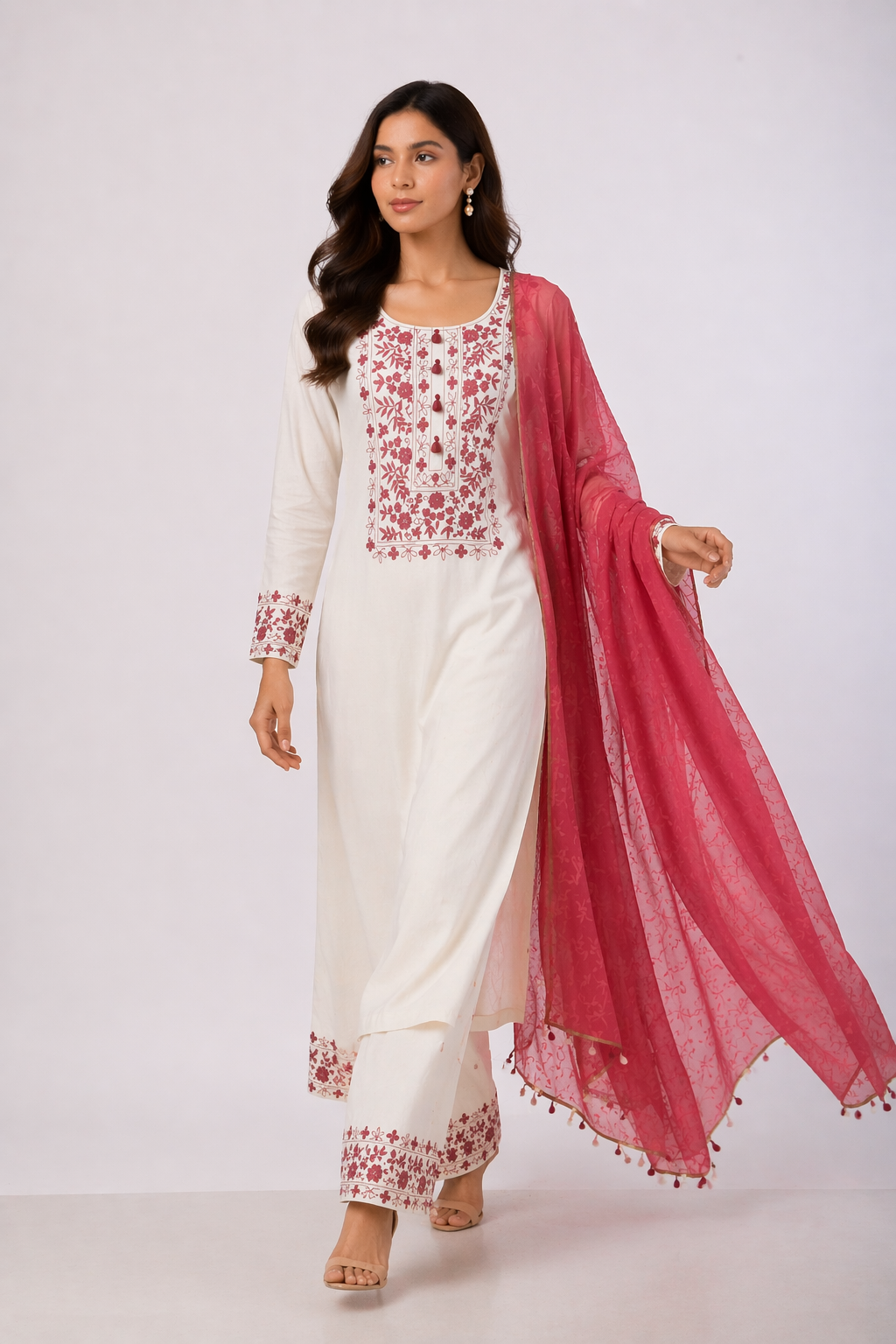 Off White Katan Silk Kurti Set with Pant & Red Chanderi Dupatta