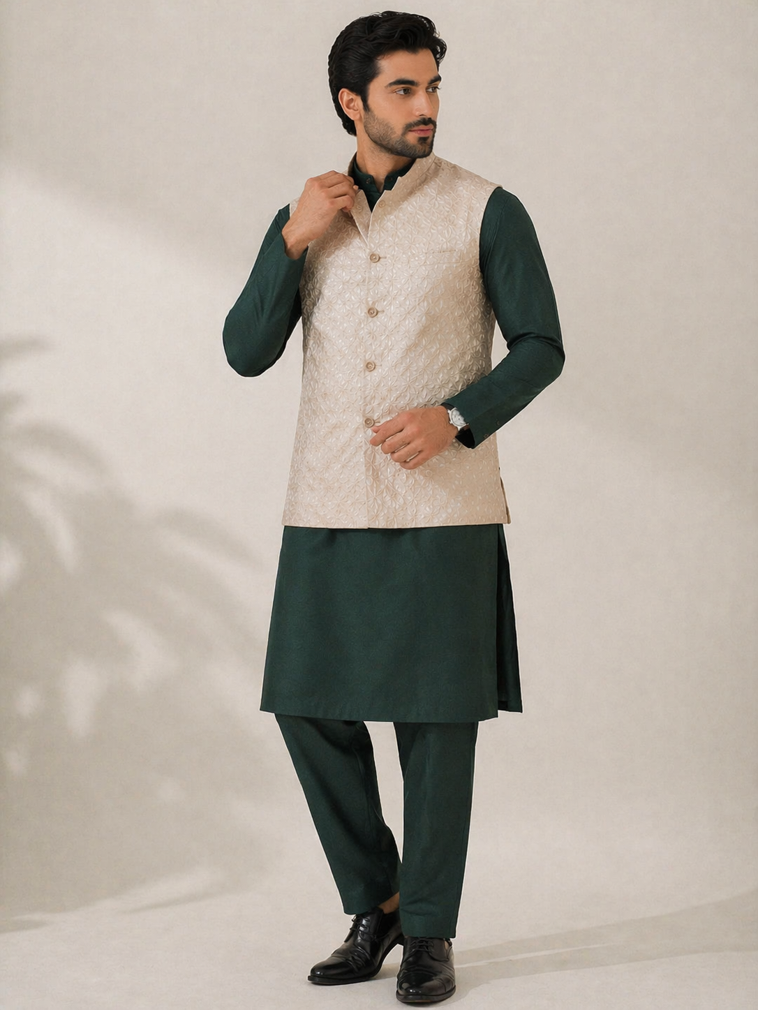 Bottle Green Katan Silk Kurta Set with Beige Nehru Jacket