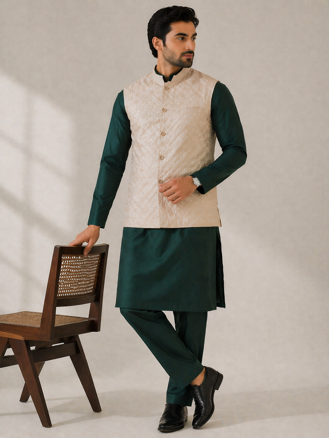 Bottle Green Katan Silk Kurta Set with Beige Nehru Jacket