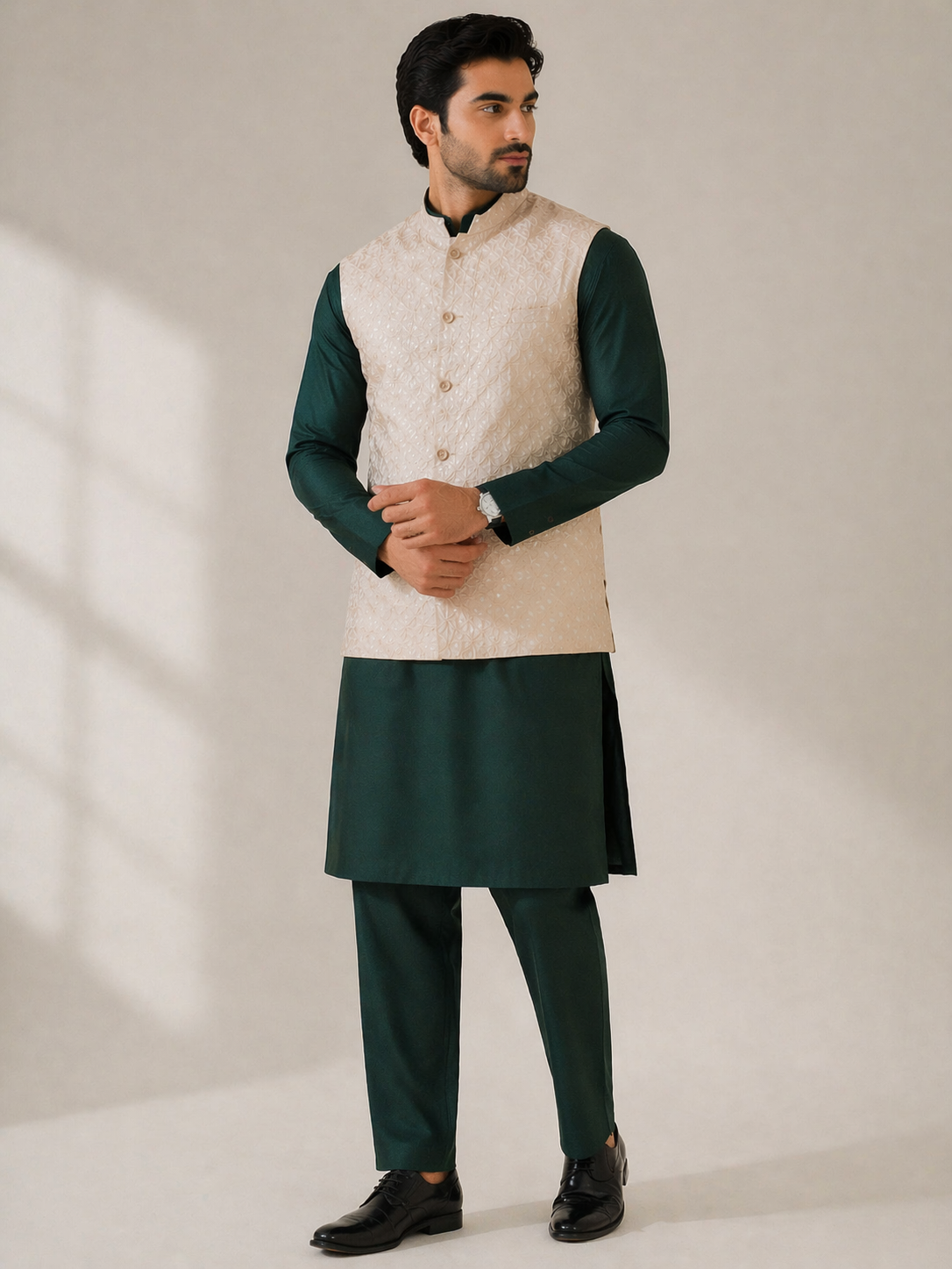 Bottle Green Katan Silk Kurta Set with Beige Nehru Jacket