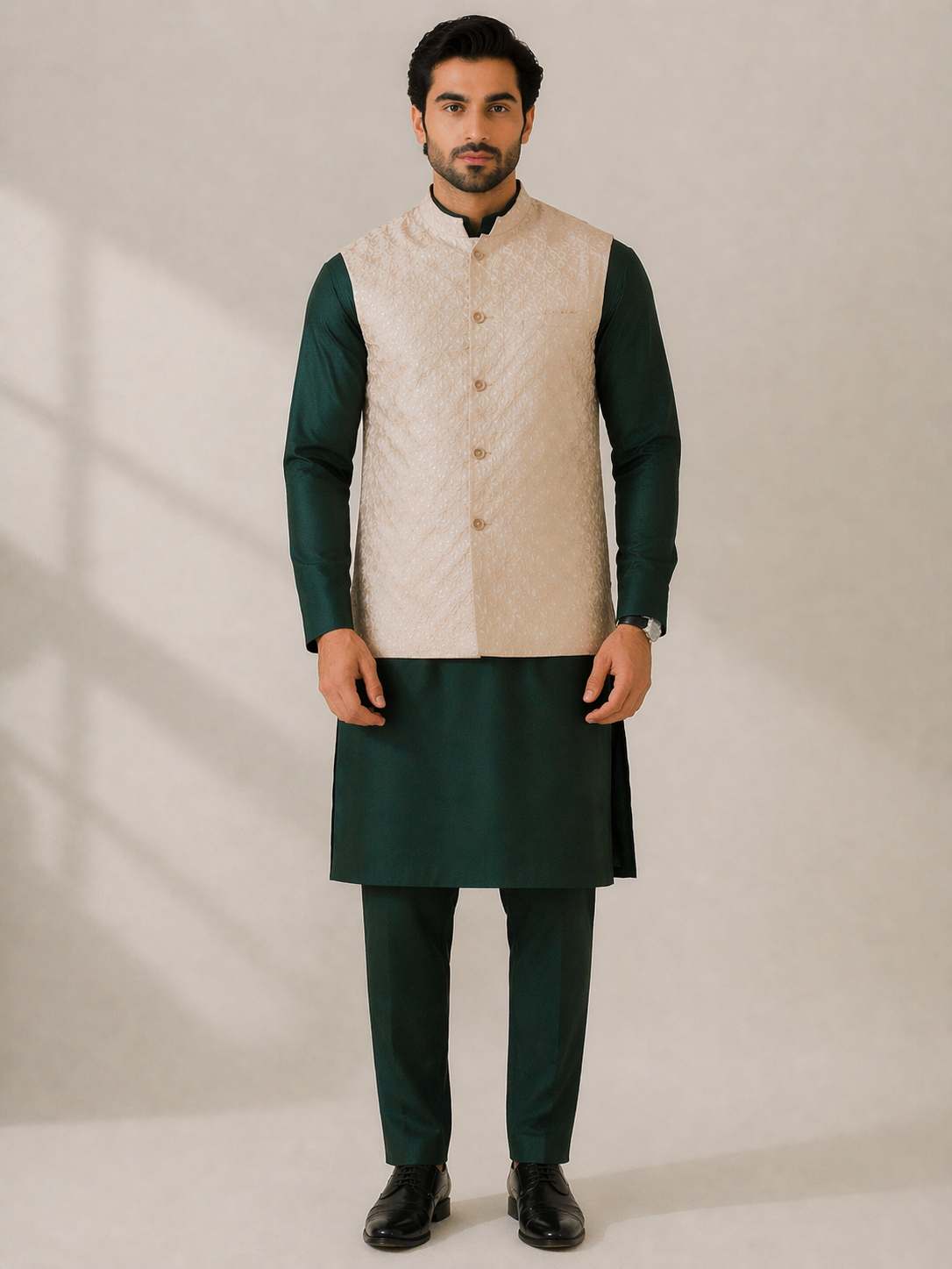 Bottle Green Katan Silk Kurta Set with Beige Nehru Jacket