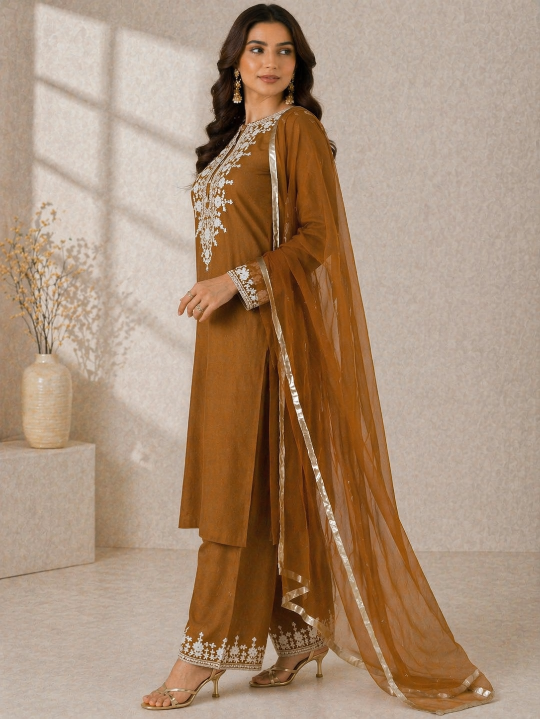 Rust Gold Katan Silk Kurti Set with Palazzo & Net Dupatta