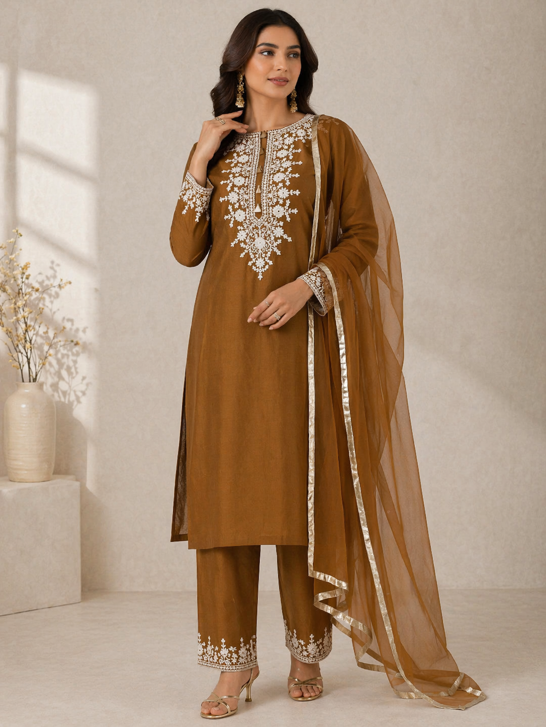 Rust Gold Katan Silk Kurti Set with Palazzo & Net Dupatta