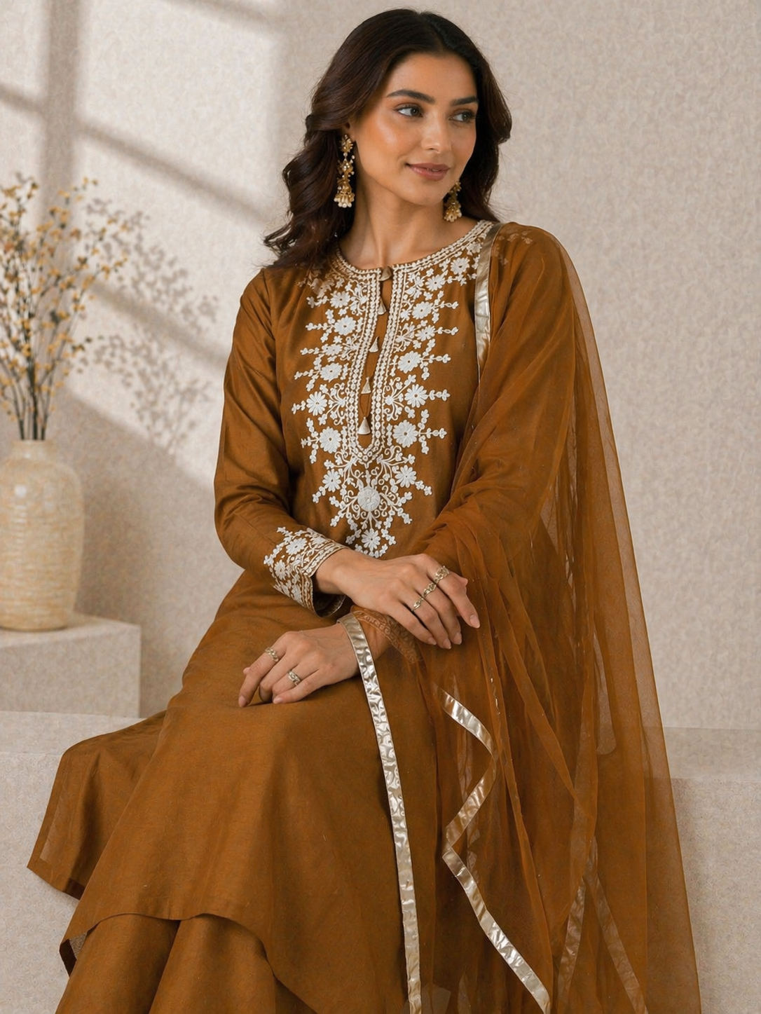 Rust Gold Katan Silk Kurti Set with Palazzo & Net Dupatta