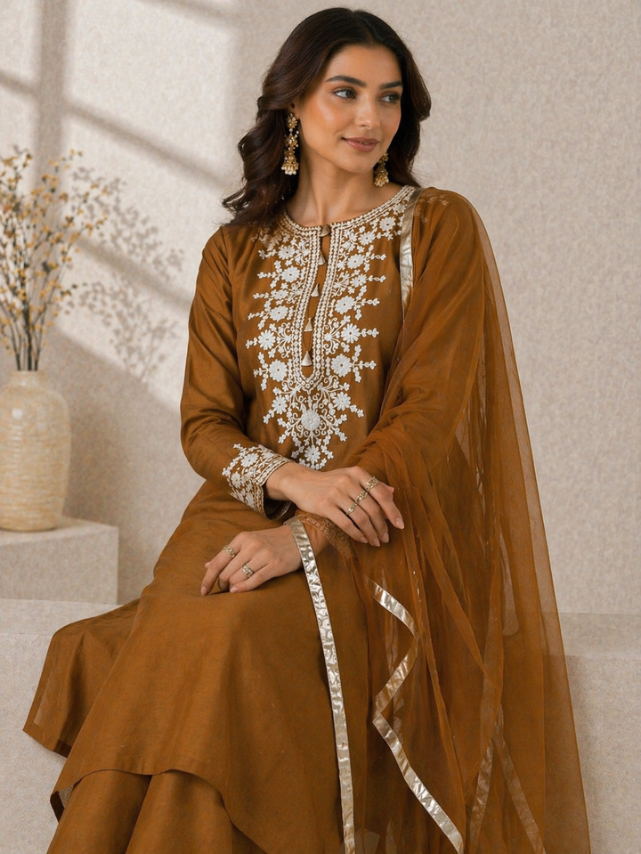 Rust Gold Katan Silk Kurti Set with Palazzo & Net Dupatta