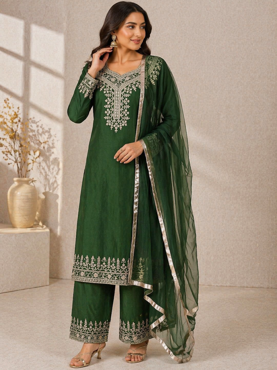 Olive Green Katan Silk Kurti Set with Palazzo & Net Dupatta