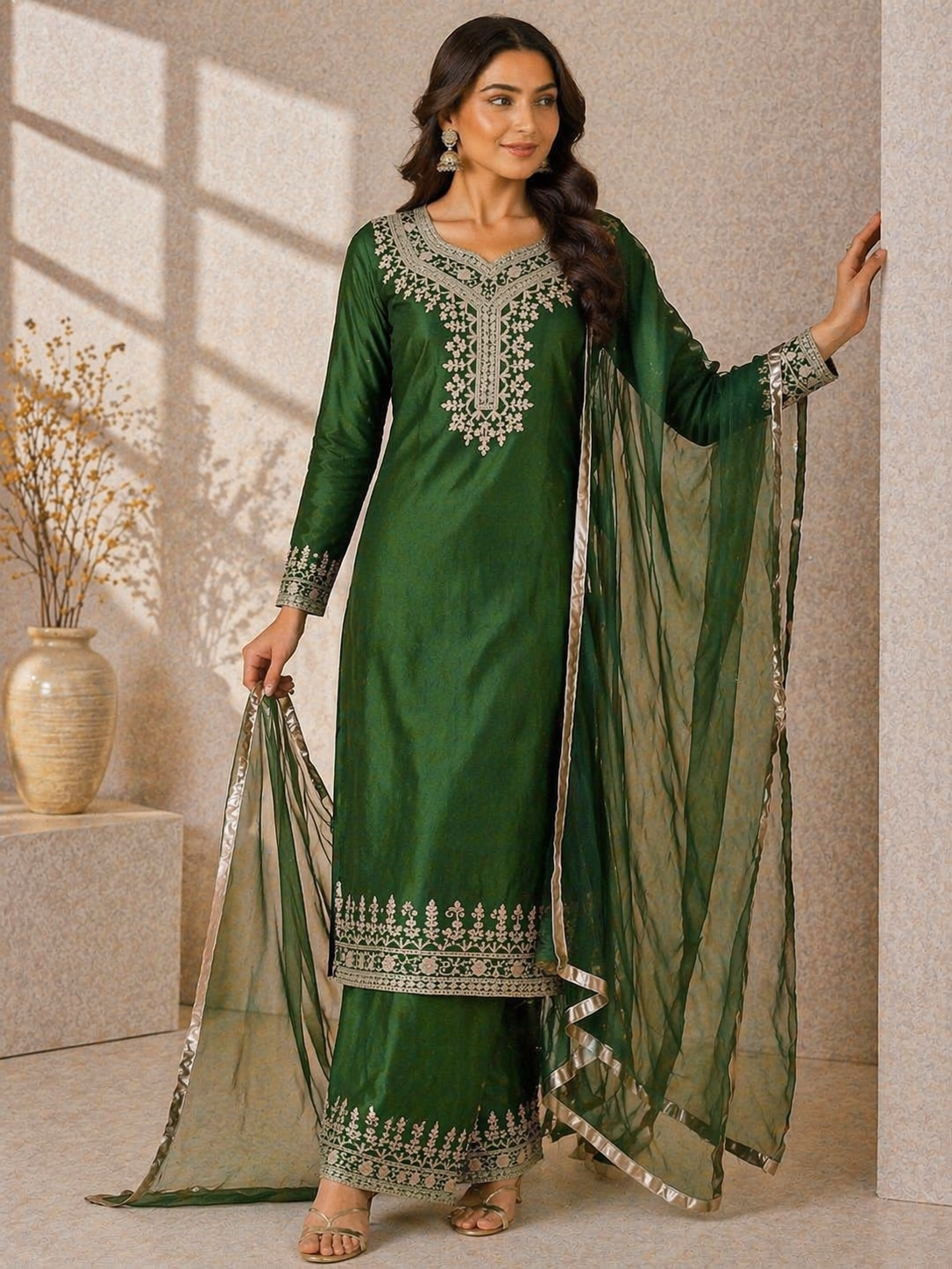 Olive Green Katan Silk Kurti Set with Palazzo & Net Dupatta